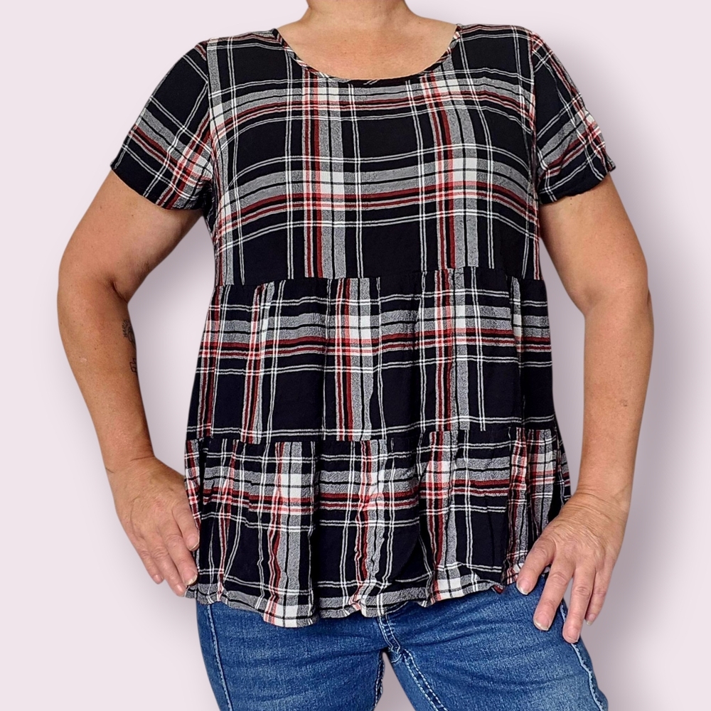 Torrid Black & Red Plaid Ruffle Blouse Size 0